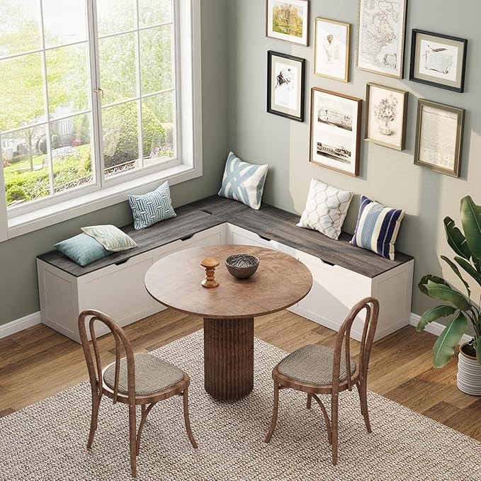 L Shape Kitchen Breakfast Nook Bench, Kitchen Corner Nook Bench Seating with Hidden Storage, Corner Dining Bench for Entryway. (Gray + White)