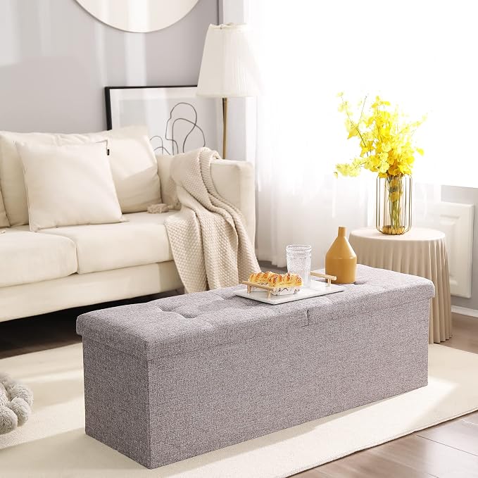 45.3 Inches Foldable Seat Footrest Shoe Bench End of Bed Storage with Flipping Lid, 166L Upholstered Tufted Bench, Linen Fabric Grey