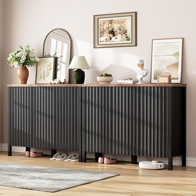 Vlsrka Shoe Cabinet with 3 Doors, Narrow Wooden Shoe Cabinet, Hidden Shoe Storage for Entryway, Foyer, Hallway (Black D)
