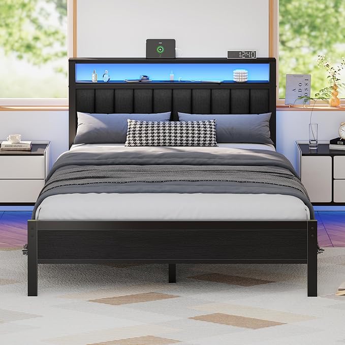 Furnulem Queen Size Bed Frame with Charging Station and LED Lights, Platform Bed with Metal Slats, Grey Upholstered Headboard with 2-Tier Storage Shelves, No Box Spring Needed