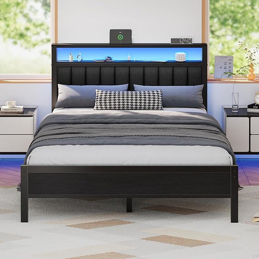 Furnulem Queen Size Bed Frame with Charging Station and LED Lights, Platform Bed with Metal Slats, Grey Upholstered Headboard with 2-Tier Storage Shelves, No Box Spring Needed