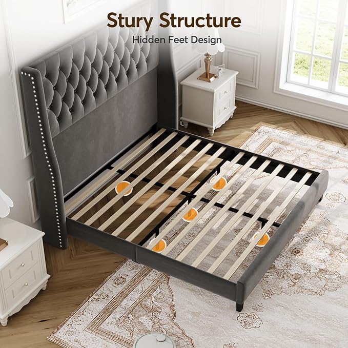 Queen Bed Frame with 55" Tall Headboard, Upholstered Bed Frames, Soft Fabric, Button Tufted Headboard with Windback, Platform Bed, Noise-Free, No Box Spring Needed, Grey