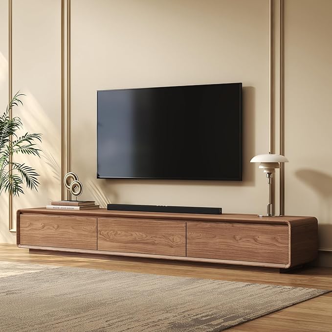 Wood Base TV Stand, Mid-Century Modern Media Console with 3 Storage Drawers, Fits 65–100 Inch TVs, Low Profile Entertainment Center for Living Room(Walnut, 94.49", Floor Standing (Wood Base))