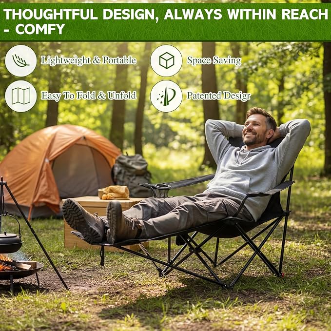 Karenhi 2 Pcs 2-in-1 Reclining Camping Chair with Removable Footrest Folding Recliner Camping Portable Beach Lounge Chair Oxford Fabric Reclining Design with Pillow Pockets Carry Bag