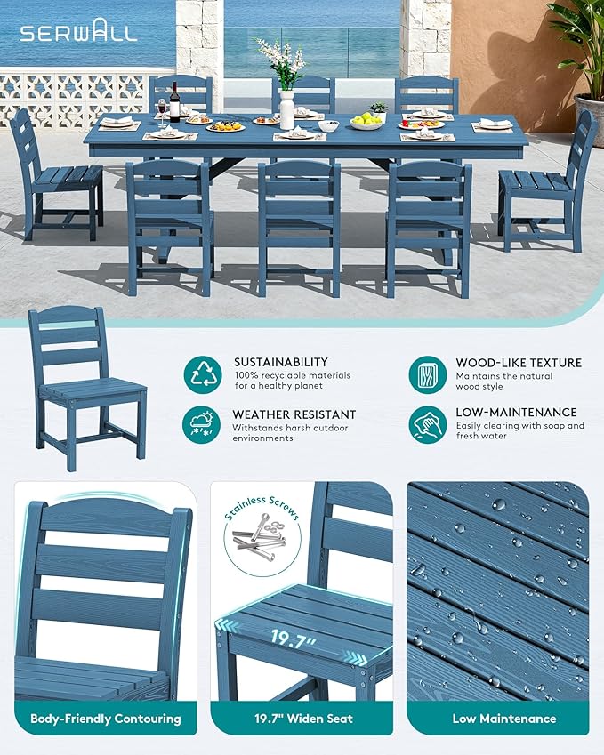 SERWALL 9 Piece Outdoor Dining Set, 84" HDPE Outdoor Table and Armless Chairs Set for 8，All Weather Patio Furniture Set with Umbrella Hole for Backyard, Garden, Blue