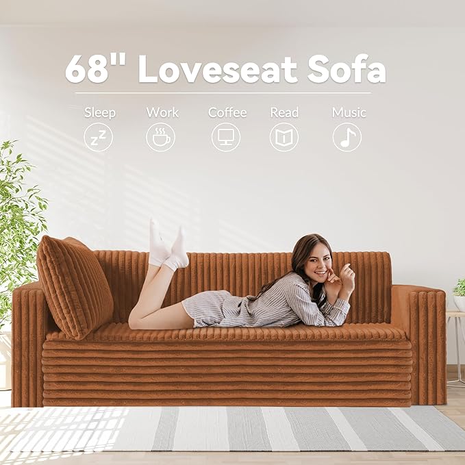 HABUTWAY 68" Loveseat Boneless Couch, 4-in-1 Convertible Sofa Bed, Plush Fur Folding Futon Sofa Bed Couches with 2 Pillows for Living Room, High-Density Foam Support, No Assembly Required, Orange