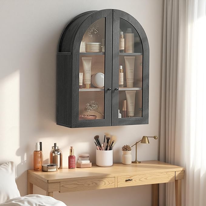 Bathroom Arched Wall Cabinet, 23.5'' Wide Medicine Cabinet, Wall Mount with Glass Doors & Adjustable Shelves, Over the Toilet Storage Cabinet for Laundry Room, Bedroom, Kitchen, Grey Black