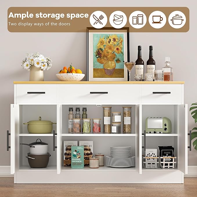 Vongrasig Buffet Cabinet with Storage, Farmhouse Coffee Bar Cabinet with Drawers, 53” Large Modern Sideboard Buffet with Adjustable Shelves for Kitchen, Dining Room, White