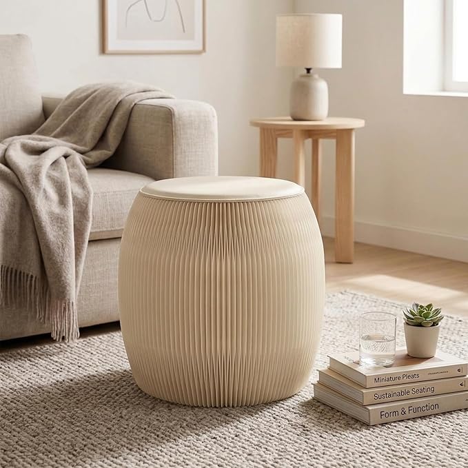 11 Inch Drum-shaped Collapsible Accordion Folding Stool, 660lbs Weight Capacity Kraft Paper Ottoman Seat with Cushion, Portable Space-Saving Foot Rest Stool for Home, Dorm & Office (11 Inch, White)