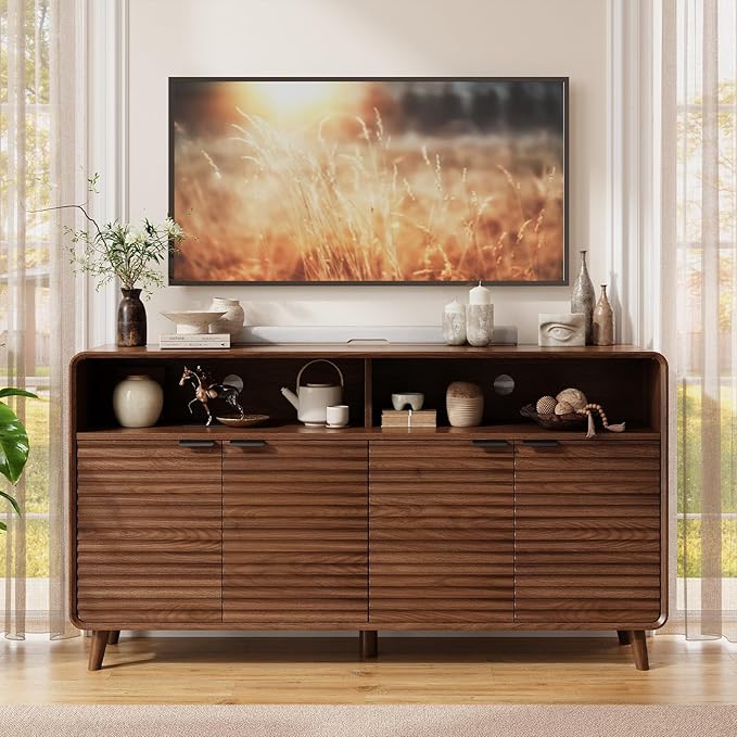 61" Sideboard Buffet Cabinet with Open Storage & 4 Doors, Large Coffee Bar Cabinet with Adjustable Shelves, Mid Century Modern Fluted Buffet Cabinet for Kitchen, Living Room, Walnut