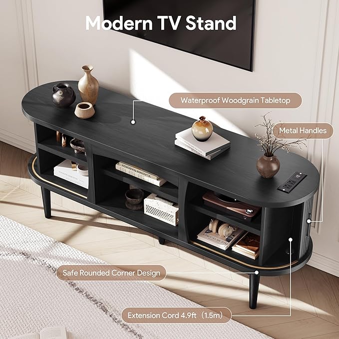 Decofy Mid Century TV Stand for TVs up to 65 Inches, Entertainment Center with Storage, Power Outlet, Fluted Sliding Doors & Adjustable Shelves, Modern Media TV Console Table for Living Room (Black)