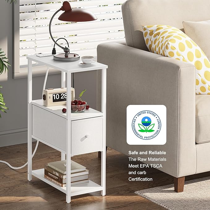 TUTOTAK Small Narrow End Table with Charging Station, Set of 2, Side Table with Outlets, Nightstand with Cloth Drawer, Couch Table, for Living Room, Bedroom, Bedside, White TB01BW058