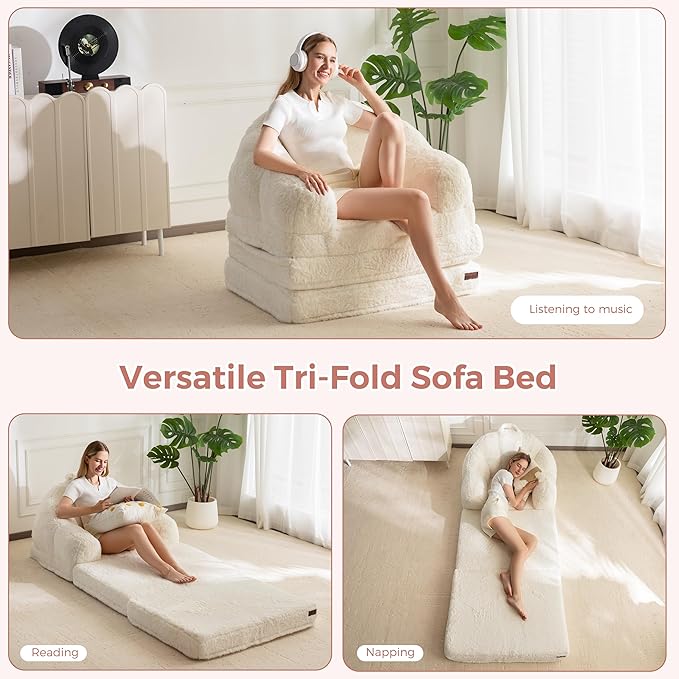 MAXYOYO Folding Sofa Bed, 2 in 1 Convertible Sofa to Lounger Comfy Single Bean Bag Chair for Adults, Floor Sleeper Couch with Handle, Faux Fur Couch Bed for Living Room Bedroom, Beige