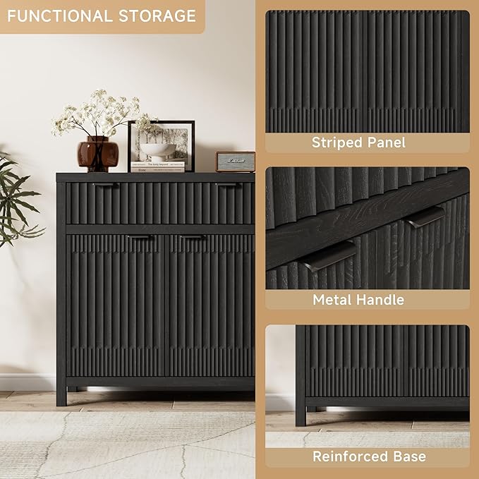 FLOWBACK Fluted Buffet Cabinet with Storage,34" Tall Kitchen Sideboard Cabinet Modern Credenza with Fluted Doors & Shelves Farmhouse Coffee Bar Media Console Accent Cabinets for Living Room, Entryway