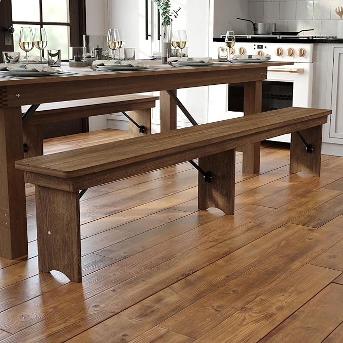 Flash Furniture Hercules Series 8' x 12' Commercial Grade Rustic Solid Pine Folding Bench, Antique Farmhouse 3 Leg Dining Bench, Seats up to 4 Adults