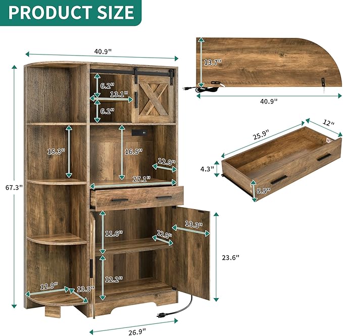 YITAHOME 67" Farmhouse Kitchen Pantry with Power Outlet, Sliding Barn Door Storage Cabinet w Charging Station, Freestanding Hutch with Shelves & Drawer, Microwave Stand Cupboard for Dining Room, Oak