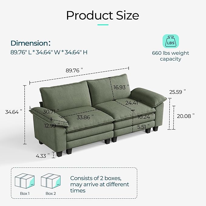 LINSY HOME 90" Modular Cloud Love Seat Sofa, Corduroy Soft Sectional Couch, Modern Comfy Love Seat, Perfect for Living Room, Apartment, Office, Green