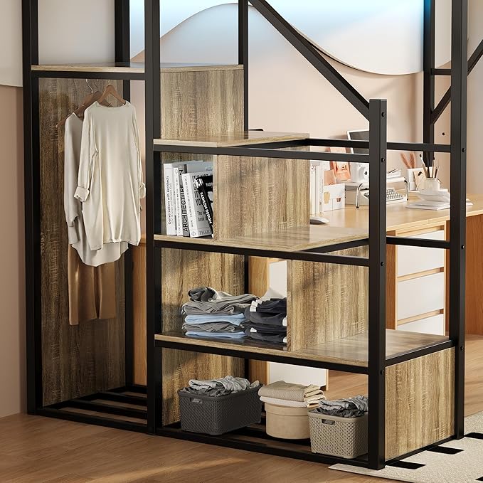 Full Size Metal Loft Bed with Storage Shelf Built-in USB Port, Heavy Duty Loft Bed w/Storage Stairs & Wardrobe+ LED Lights for Bedroom, Large Under-Bed Area, Noise Free, No Box Spring Needed