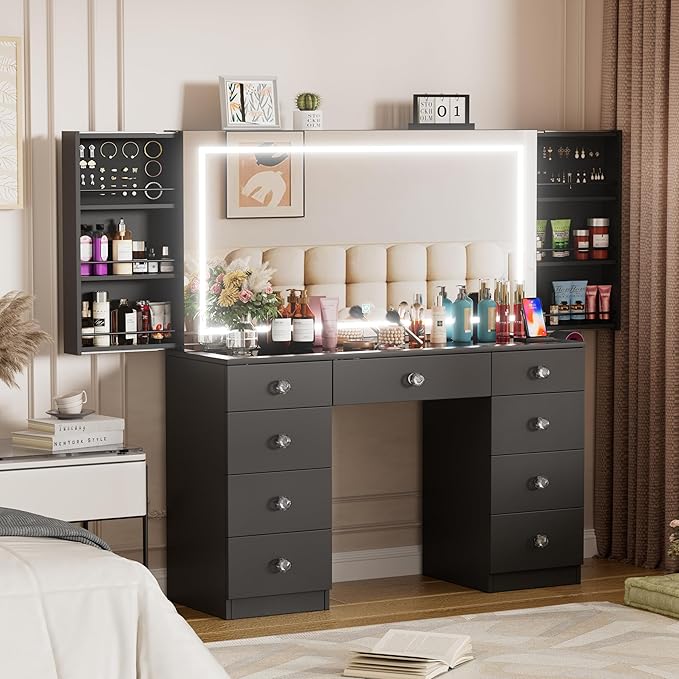 Makeup Vanity Desk with Large Mirror and Lights,Vanity Table with Glass Top,9 Drawers,3 Color Modes,Sliding 2 Wall Mounted Jewelry Storage Racks,Suitable for Bedroom Ladies and Girls (Black)