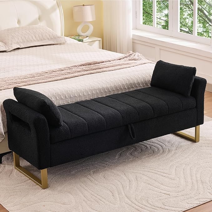 66'' Storage Bench for Bedroom End of Bed King Size, Long Bedroom Benches for Foot of Bed with Gold Legs, Comfy Bed Bench with Storage, Pillows for Entryway, Windows, Black Teddy
