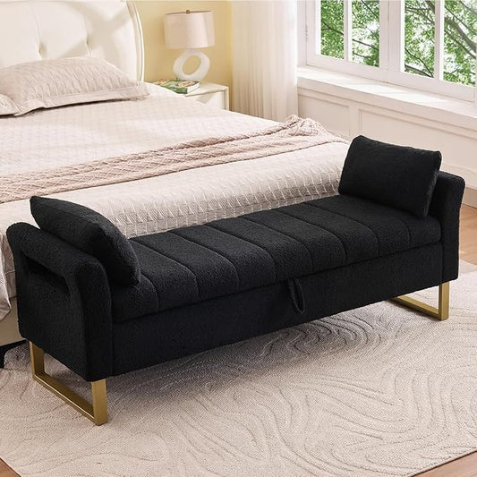 66'' Storage Bench for Bedroom End of Bed King Size, Long Bedroom Benches for Foot of Bed with Gold Legs, Comfy Bed Bench with Storage, Pillows for Entryway, Windows, Black Teddy