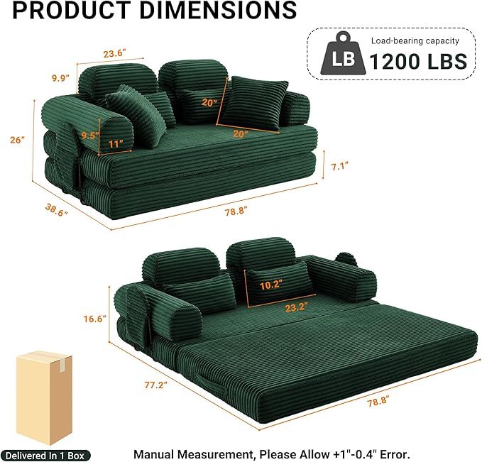 78.8" Convertible Sofa Bed with High Backrest Headrest, 5-in-1 Corduroy Boneless Couch with Side Pocket, Sleeper Loveseat Couch Bed Sectional Couches for Living Room, No Assembly, Green
