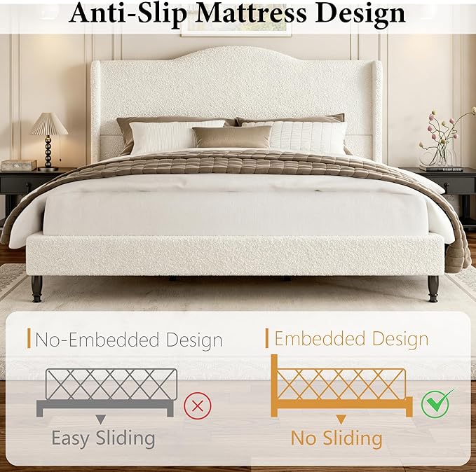 King Bed Frame with Wingback Headboard, Upholstered Boucle Platform Bed Frame Easy Assembly, Solid Wooden Slats Support, Noise-Free, No Box Spring Needed, Soft Cloud Bed for Bedroom, Cream