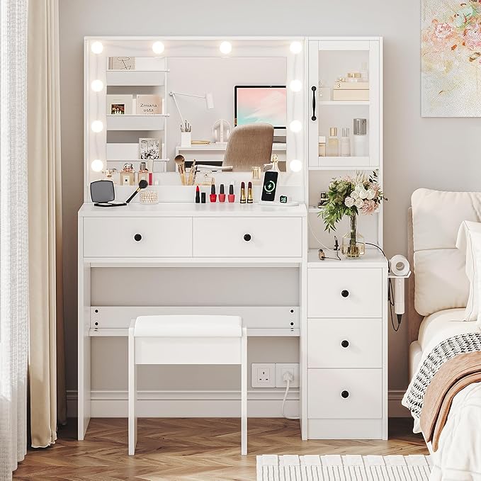 Makeup Vanity with Lights & Charging Station, White Vanity Table with 5 Drawers & Open Storage Shelves, Vanity Desk with Mirror & Lights, Dressing Table Set, Bedroom Makeup Table Set Black Handle