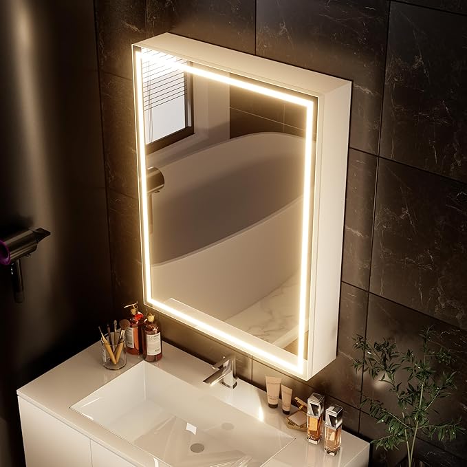 32x24 inch LED Lighted Medicine Cabinet with Mirror, Moisture-Resistant Wood, Stepless Dimmable, 3000K/5500K, Defogger, Adjustable Shelf, Flat-Pack Design – Assembly Required (White)