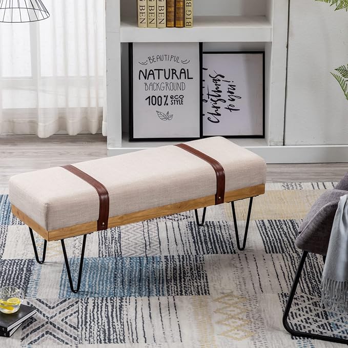 HEAH-YO Industrial Entryway Bench Set of 1, 44 Inches End of Bench with Padded Seat Cushion, Uphlstered Linen Fabric Dining Bench for Kitchen Living Room, Beige