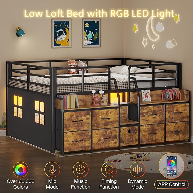 Dnxao Low Loft Bed Full Size with 9 Drawers and 2 Bookcases, Bed Frame for Kids with Charging Station & LED Lights, 15" H Safety Guardrail Metal, Under-Bed Play Space, Vintage Brown