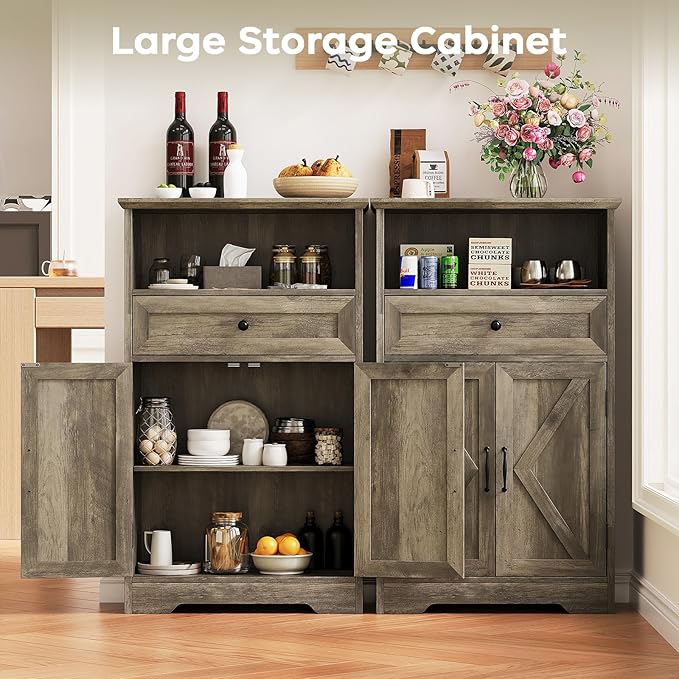 Floor Cabinet, Farmhouse Storage Cabinet with Barn Doors and Drawer, Freestanding Adjustable Shelf Organizer for Bathroom, Kitchen, Living Room Grey