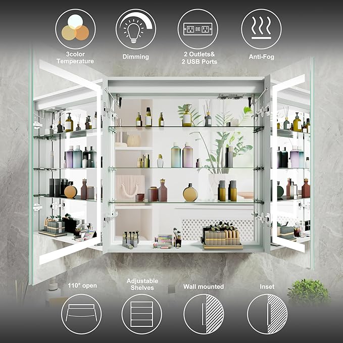 30x32 Bathroom Mirror LED Medicine Cabinet with Light 3 Colors, Recessed Surface Wall Mounted LED Medicine Cabinet, Anti-Fog Tempered LED Mirror with Storage, Stepless Dimming, 2 Outlets