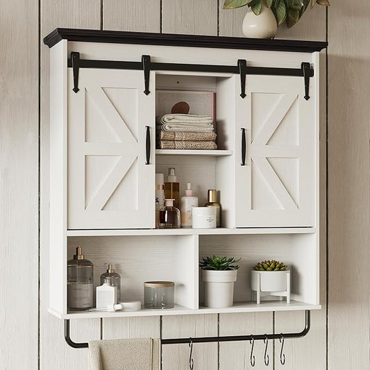 IRONCK Bathroom Wall Cabinet, Farmhouse Medicine Cabinet with Sliding Barn Door and LED Lights, Storage Cabinet Wall Mounted with Adjustable Shelves & Towel Bar for Bathroom, Kitchen, White