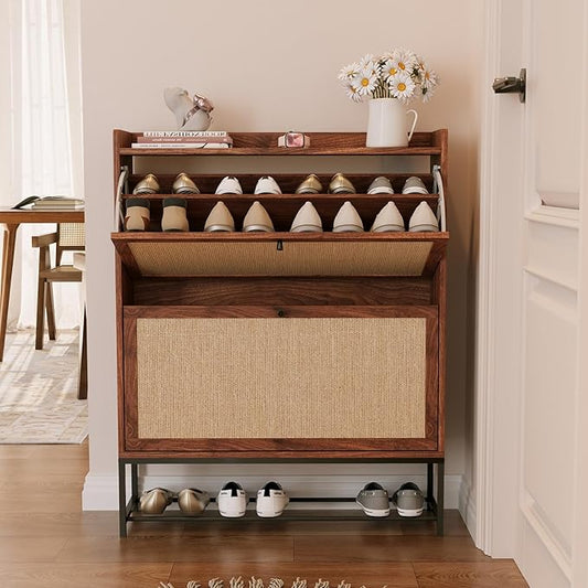 AVZEAR Narrow Shoe Storage Cabinet for Entryway with 2 Flip Drawers, Freestanding Shoe Cabinet with Natural Linen Panel, Slim Wood Shoe Organizer Closed Shoe Rack for Hallway, Foyer(Walnut)