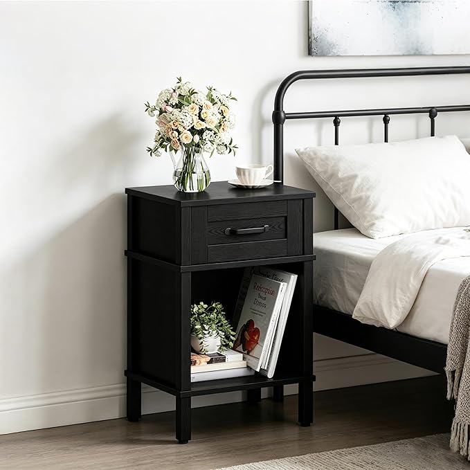 Farmhouse Nightstand with Drawer, Small Wood Side Table, Wooden Bedroom Nightstand, Wood Night Stand, Black Bedside Table with Storage, Black End Table for Living Room LET512B