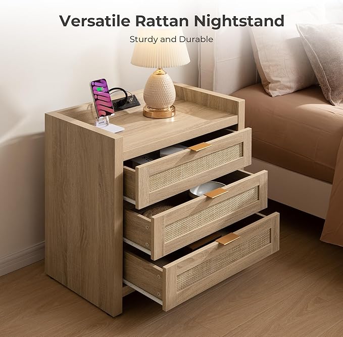 SICOTAS Rattan Nightstand Bedside Table - Larger Night Stand with Type-C Charging Station, 3 Drawers Storage - Boho Night Stands End Table for Bedroom - Light Oak