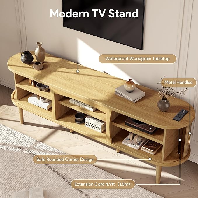 Decofy Mid Century TV Stand for TVs up to 80 Inches, Entertainment Center with Storage, Power Outlet, Fluted Sliding Doors & Adjustable Shelves, Modern Media TV Console Table for Living Room (Oak)