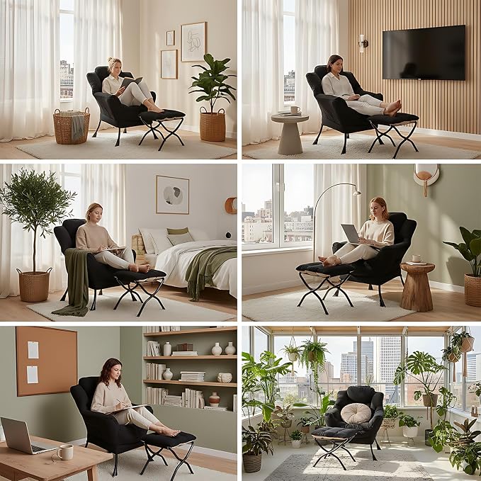 Furlide Lazy Chair with Ottoman, Comfy Fabric Accent Lounge Arm Chair with Lumbar Pillow and Folding Footrest, Reading Leisure Sofa Chair for Bedroom, Living Room, Dorm,Black