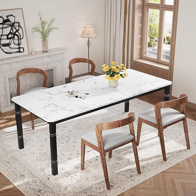 Garvee Large Dining Table for 6-8 People, 79" Wooden Kitchen Table with Sturdy Metal Frame, Dining Room Table for Dining Room, Kitchen, Black Leg & Marble White