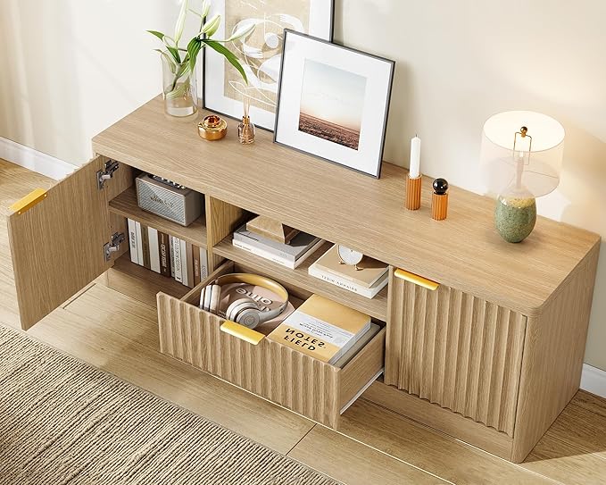 TEENFON 55" TV Stand for TVs Up to 60", Modern Fluted Entertainment Center with Drawer and Open Shelf, Media Console Table, TV Stands for Living Room, Nature Oak