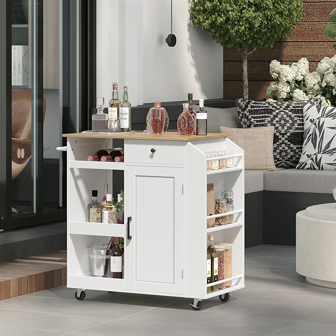 MAHANCRIS Kitchen Island with Power Outlet, Kitchen Storage Island with Drawer, Rolling Kitchen Cart on Wheels, Spice Rack, Towel Rack, Wine Rack, for Dining Room, White and Natural KINW122E01N1