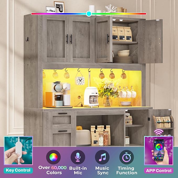 Itaar 71" Pantry Cabinet with Charging Station and LED Light, Kitchen Pantry Cabinet with Microwave Stand, 47.2" Wide Kitchen Storage Cabinets with Storage Cart 3 Tier for Dining Room, Grey