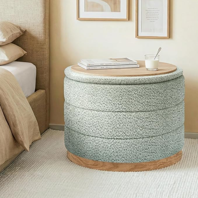 Round Storage Ottoman with Tray Lid, Folding Chenille Fabric Footrest with Hidden Storage, 22.8" Large Footstool Side Table for Dorm Living Room Bedroom, Wood Grain Base, Sage Green