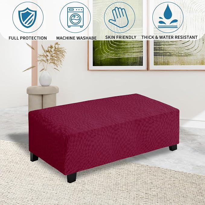 ZNSAYOTX 2026 Rectangle Ottoman Cover (L:57"-75") Super Stretch Soft Footrest Slipcover Form Fit, Universal Folding Foot Stool Covers with Non-Slip Elastic Band, Fashion Jacquard Texture, Wine Red