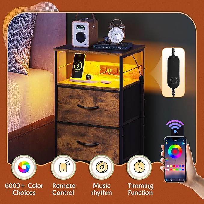 WLIVE Nightstand with Charging Station, 31.9" H Nightstand with 3 Fabric Drawers, LED Bedside Table with USB Ports and Outlets, End Table for Dorm, Bedroom, Entryway, Rustic Brown