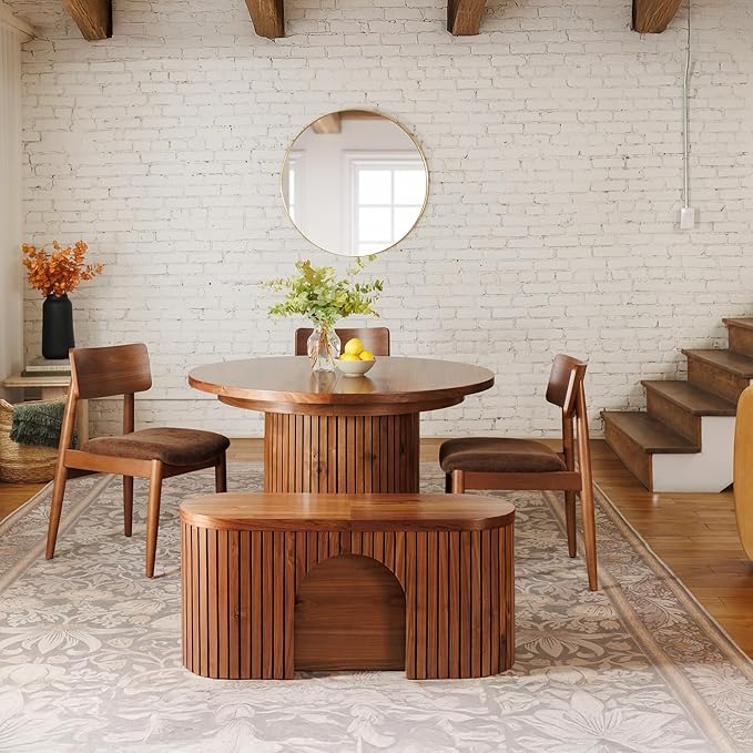 Transformer Table - Solid Wood Extendable Round Dining Table Set, Expandable Dining Table, Elegant and Functional Design, Perfect for Dining Room, Royal Brown (Table + Bench + 4 Chairs)