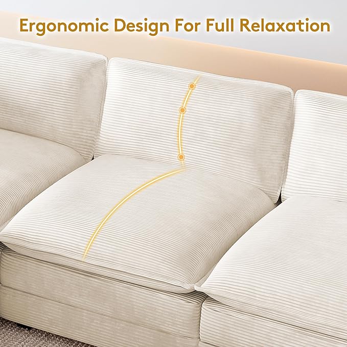 ROWHY 112'' Oversized Modular Sectional Cloud Couch with Movable Ottoman, 4 Seat Modern Corduroy Sofa, Deep Seat L Shaped Couch for Living Room Bedroom Apartment, Cream
