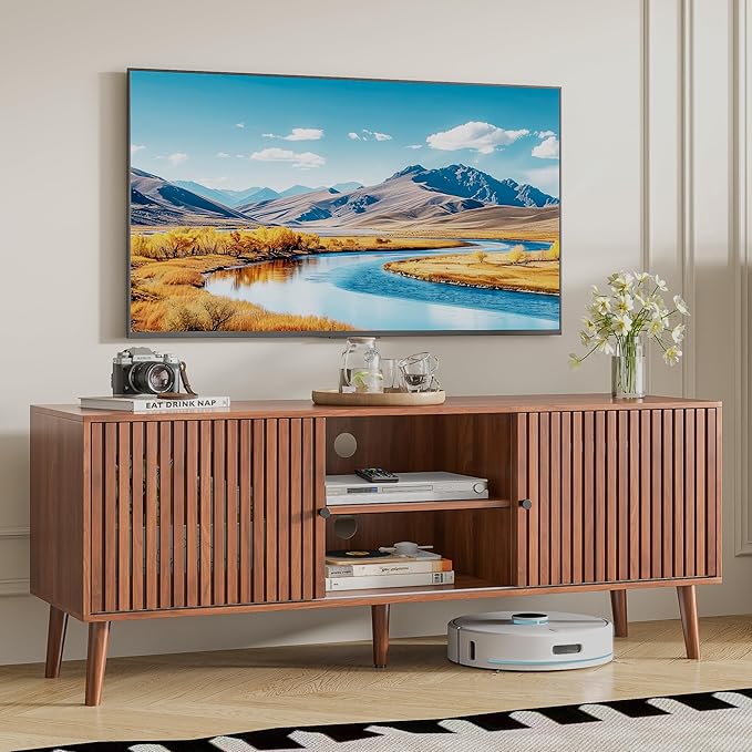 Oubayajia Mid Century Modern TV Stand for Televisions up to 60 Inches, with Sliding Doors and Storage, Television Stands, TV Consoles, Media Consoles for Living Room(Walnut-51.2inch)