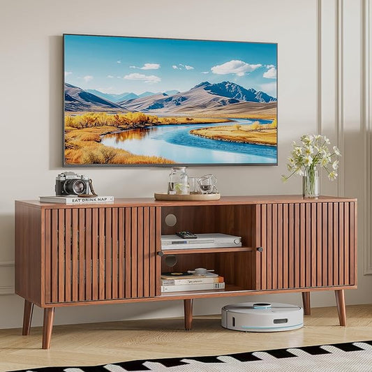 Oubayajia Mid Century Modern TV Stand for Televisions up to 60 Inches, with Sliding Doors and Storage, Television Stands, TV Consoles, Media Consoles for Living Room(Walnut-51.2inch)